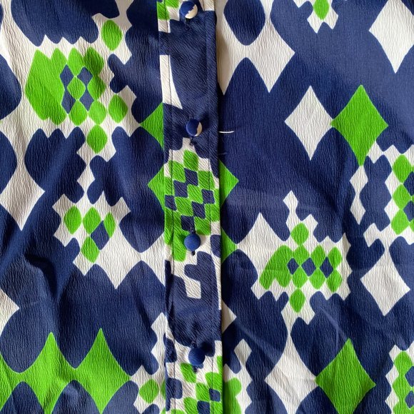 Vintage 1960s Dark Blue & Green Mod Abstract Midi Shift Shirt Collar Dress - Picture 7 of 7